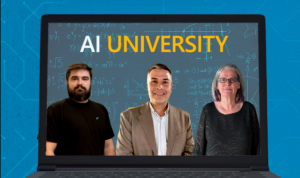 Image of AI University laptop with three individuals on the screen