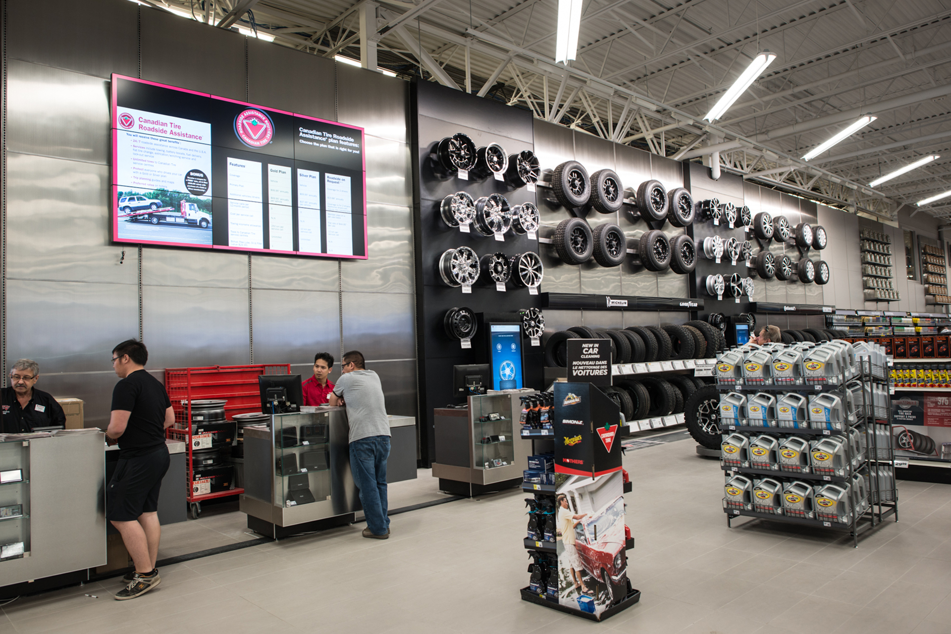 Automotive section of a Canadian Tire store showing a counter with employees and customers, with tires on the wall behind